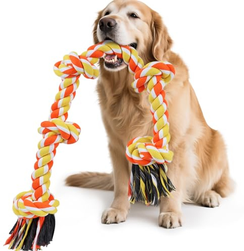 SZEE Dog Rope Toy for Large Dogs, 37 Inch 5 Knots, Halloween Pet Toys for Large Breeds, Tug of War Rope, for Energy Release & Boredom Relief (Yellow & Orange)