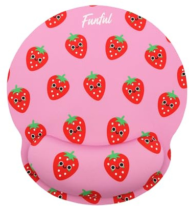 FUNFUL Tapis de Souris Ergonomique Gel Fraise avec Design Joyeux et Très Douce - Tapis Souris Kawai Repose Poignet Gel Lavable à la Main et antidérapant - Cadeaux Filles et Femmes