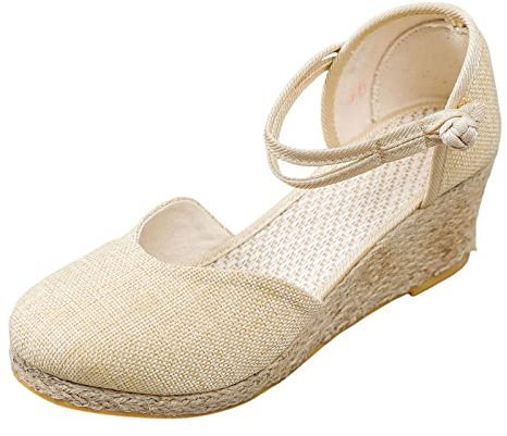 Generisch Summer Slope Heel Sandals Breathable Buckle Strap Sandals Women, beige, 8 UK