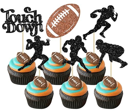 Gyufise 30Pcs American Football Cupcake Toppers Rugby Ball Cupcake Picks Touchdown Player Cake Decorations for Rugby Sports Theme Baby Shower Kids Birthday Party Supplies Black Brown