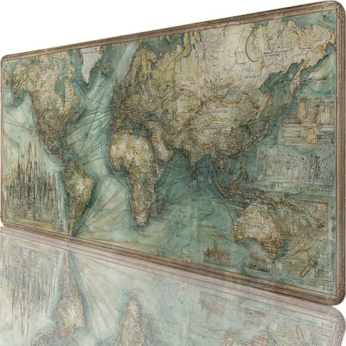 Grün Mauspad XXL 900 x 400 x 4 mm, Groß Gaming Mauspad Weltkarte Desk Mat mit Vernähte Kanten, Wasserdicht Anti-Rutsch Mousepad PC, Laptop Verbessert Präzision und Geschwindigkei für Zuhause l-2356