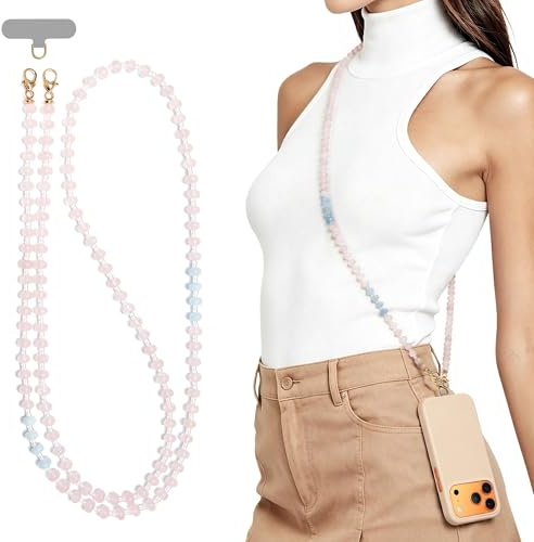 POSADINA Naturstein-Phone-Lanyard, Kristallperlen-Crossbody-Kette für Damen, Freihand-Anti-Verlust-Kordel mit Befestigungsöse
