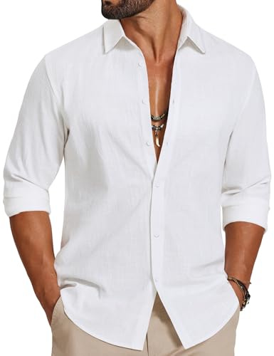 COOFANDY Camisa Hombre Manga Larga 100% Algodón Textura Lino - Camisa Casual Verano Transpirable para Playa Vacaciones Blanco XL
