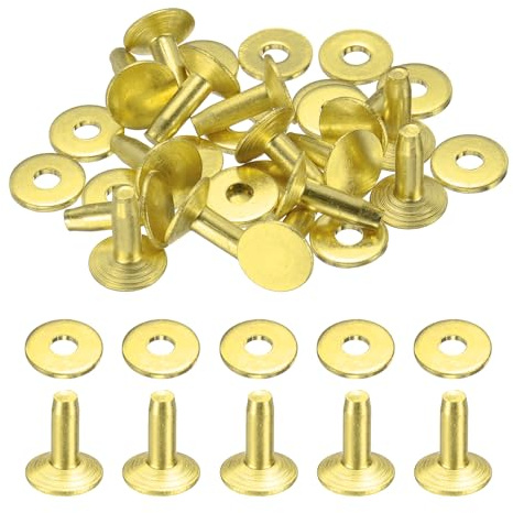 sourcing map 15Set Brass Rivets and Burrs Washers 9x3.3x12mm Polish Finish Solid Leather Rivet Fastener Studs Posts for Leather DIY Craft Belts Wallets Collars, Gold Yellow