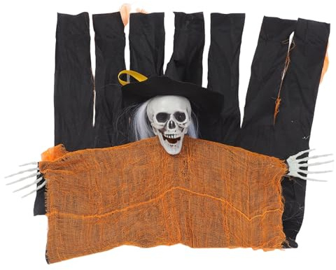 Veemoon Decorazione Halloween Teschio e Figura Appesa Arancione in Plastica e Tessuto, Versatile per Portico e Giardino, Pose Regolabili per Feste e Atmosfera Spettrale