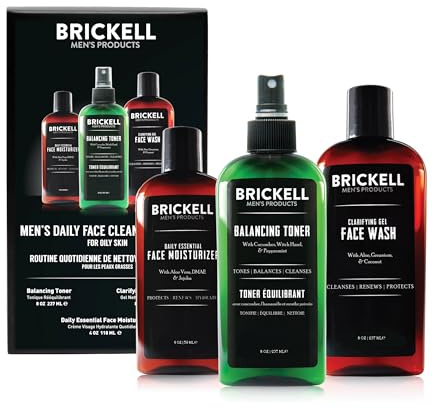 Brickell Men's Daily Face Cleanse Routine for Oily Skin, Alcohol Free Toner, Gel Facial Wash and Moisturizer, Natural and Organic, Scented