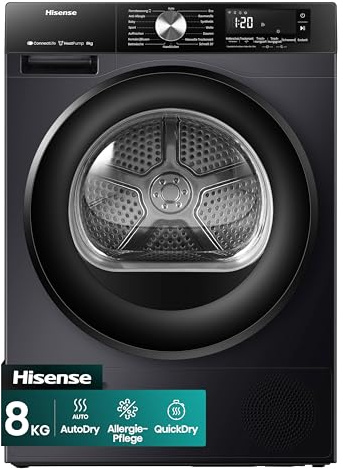 Hisense DH3S802BB3 Kondenstrockner mit Wärmepumpe / 8KG / 16 Programme/ConnectLife/Autodry/QuickDry/Allergie-Pflege/Auffrischen/TwinAir/DelayEnd/Feuchtesensor/EEK: C/Schwarz