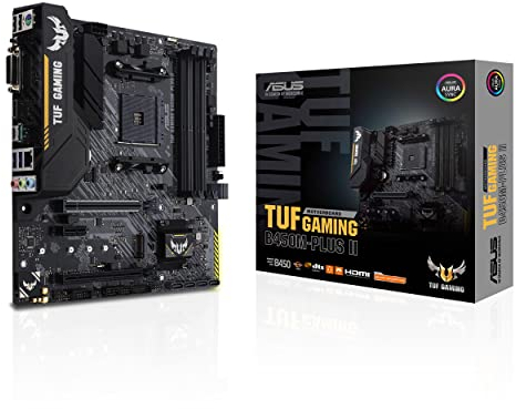 ASUS TUF GAMING B450M-PLUS II – Carte mère AMD AM4 micro ATX (M.2, Microphone anti-bruit avec IA, HDMI, DVI-D, USB 3.2 Gén. 2 Type-A, USB 3.2 Gén. 1 Type-A et Type-C, Aura Sync RGB)