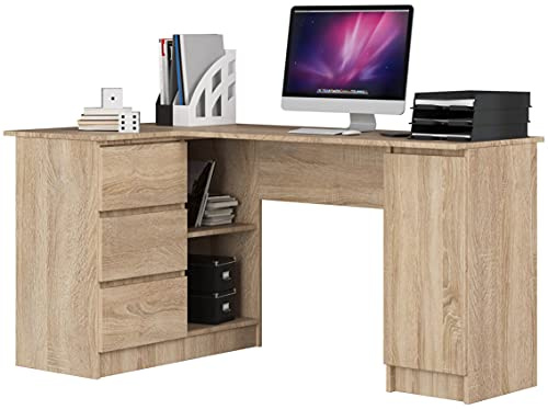 AKORD Eck-Schreibtisch B-20 mit 3 Schubladen, 2 Ablagen und einem Regalfach mit Tür | Schreibtisch | Eck Schreibtisch für Home Office | B155 x H77 x T85, 60 kg | Sonoma Eiche