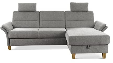 CAVADORE Ecksofa Wyk mit Federkern / Schlafsofa im Landhaus-Stil mit Longchair, Bett, Bettkasten, Armteilfunktion + 2 Kopfstützen / 252 x 90 x 162 / Chenille, Hellgrau