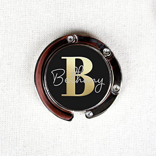 eBuyGB Personalised Foldable Purse Hook, Folding Monogram Handbag Table Hanger, Portable Bag Hanger, Desk Hooks - Initial & Name (Black)
