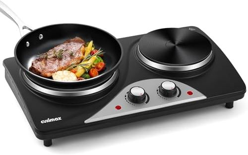 CUSIMAX 2500W plaque de cuisson double électrique avec protection contre la surchauffe, plaque de cuisson mobile pour usage intérieur et extérieur, plaque de cuisson camping noir inox