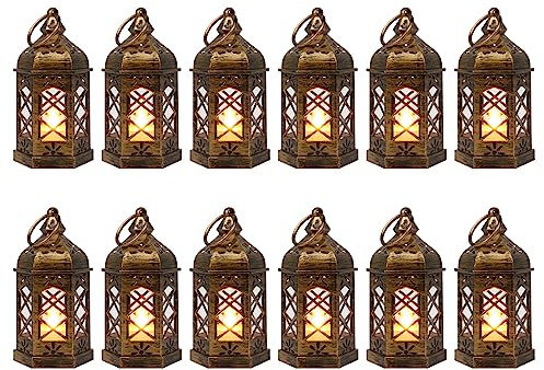 LLQ Mini Lantern with LED Candle, 12PCS Small Lanterns Decorative Indoor, Vintage Moroccan Lights for Halloween Decorations, Hanging Ornaments for Christmas, Table Centerpiece, Boho Wedding Decor