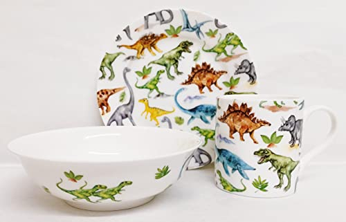 Rainbow Decors Dinosaurs Breakfast Set 3 Pieces Plate Mug & Cereal Bowl Fine Bone China Kids Children Set Dinos Collage Hand Decorated UK, White