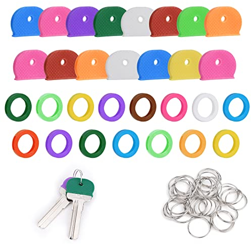 Vicloon Tapas para Llaves de Casa, 30pcs Etiquetas para Tapas de Llaves y 30pcs Anilla de Llavero, 10 Colores, para Identificar Fácilmente Llaves, Aplicar a Llaves Planas Estándar