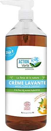 ACTION VERTE - Crème lavante - Nettoie les mains, corps & cheveux - Certification Ecocert- Formule naturelle - Parfum fleur d'oranger et miel- 1L - Fabrication française
