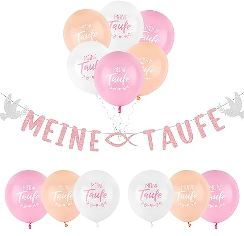 Neodtx Taufe Deko mädchen Girlande Kommunion Konfirmation Deko Rosa Meine Luftballons Banner Tischdeko Dekoration Set Gastgeschenke Für mädchen
