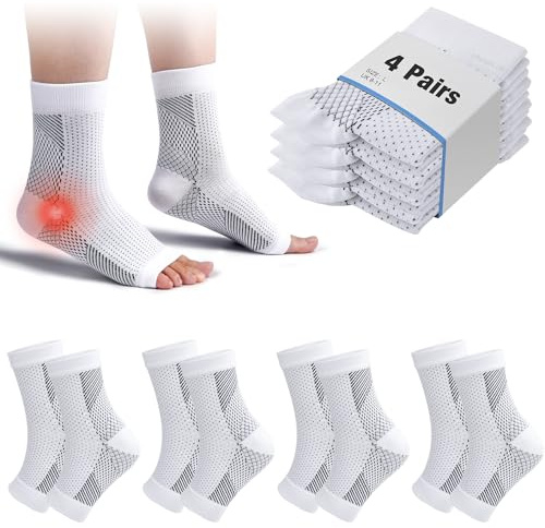cheap4uk 4 Paar Kompressionssocken Damen Herren Sprunggelenkbandage Kompressionsstrümpfe Knöchelbandage Fußbandage für Plantarfasziitis Arthritis Verstauchte Knöchel Fersensporn Sport (Weiß, 43-46)