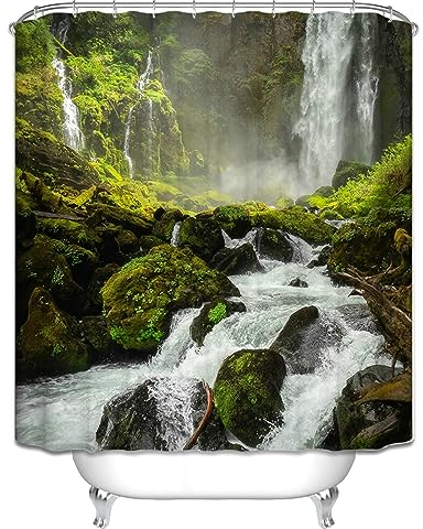 Homxi Ösen Duschvorhang,165 W x 180 H cm,Badewannevorhang Grün Wasserfall Polyester Duschvorhangringe mit Haken