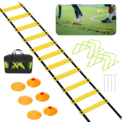 Ansobea Accessoires d'entraînement de football - Échelle de coordination - 6 obstacles réglables - 12 cônes - Accessoires d'entraînement de football pour enfants - Sac de rangement - Appareil