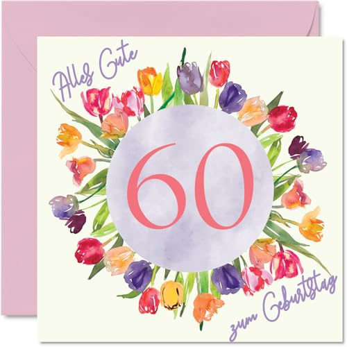 Stuff4 60. Geburtstagskarte für Frauen, Aquarell Tulpen Blumen Strauß | Alles Gute zum Geburtstagskarten für 60 Jährige Frau Mama Oma Tante, 145mm Sechzig Sechzigster Geburtstag Grußkarten