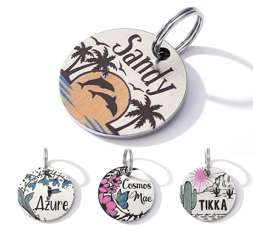 Farbige Hundemarke mit Gravur, Personalisierte Hundemarke aus Edelstahl, Gravierte Hundeanhänger mit Name, Tiermarke für Hunde und Katzen, Hund Namensschilder für Halsband (Delfin)