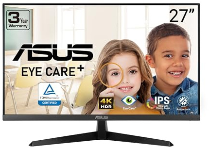 ASUS 27” 4K Eye Care Monitor (VY27UQ) - UHD (3840 x 2160), IPS, HDR10, Adaptive Sync, Eye Care Plus, Display Port, HDMI, Speaker, DisplayWidget, Blue Light Filter, Flicker Free, 3yr Warranty