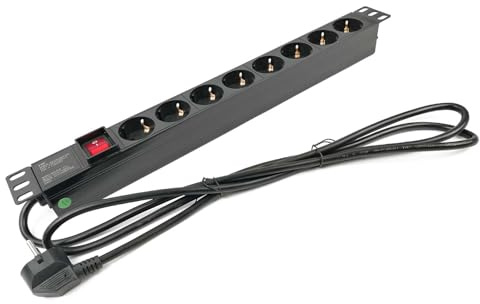 SilexFiberI Regleta de 8 Enchufe para Rack 19” Profesional | PDU de Aluminio con Interruptor de Seguridad | 8 Tomas Schuko (16A/3500W) | Cable de 1,8 Metros | Ideal para Servidores, IT y Sonido