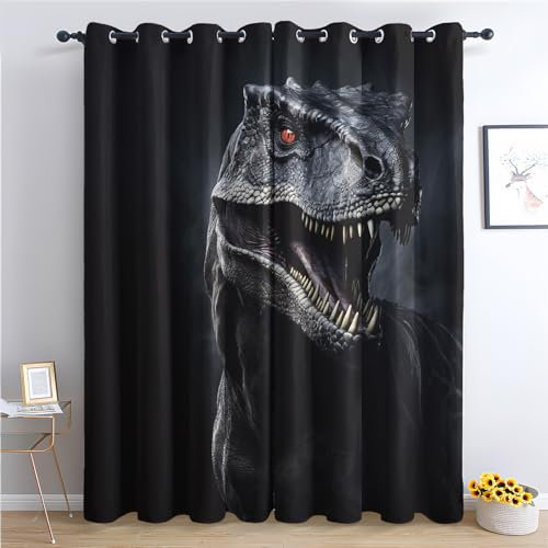 Vorhänge Dinosaurier Muster - Kinder T-Rex Dino Fenster Gardinen mit Ösen, Vorhang Blickdicht Verdunklungsvorhänge Thermovorhang für Wohnzimmer Schlafzimmer Deko 2er Set, H 300 x B 140 cm G&-22