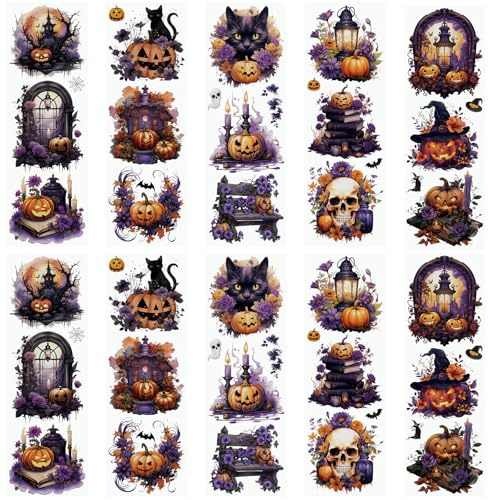 WANDIC 10 Bogen Halloween Rub on Transfer Stickers, Kürbis Möbel Aufkleber Wasserfest Deko, Handarbeiten, Junk Journal, DIY Kunsthandwerk, Dekor für Fotoalbum und Scrapbook, 10 x 30 cm