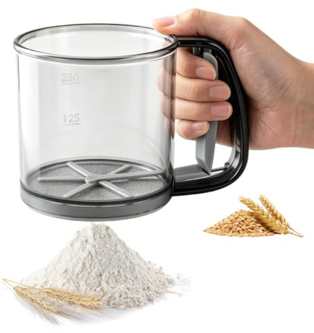 Tissting Flour Sifte Hand Press Fine Mesh Baking Sieve with Handle | Automatic Baking Powder Shaker with Measuring Scale, for Icing Sugar Cocoa Almond Flour