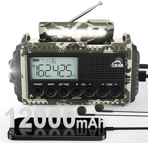 ROCAM Wind Up Radio with AM/FM/SW 12000mAh, Hand Crank Radio, Emergency Solar Radio with SOS Alarm, Wind Up Torch with Rechargeable Battery and Type-c Charger, IPX6 Waterproof