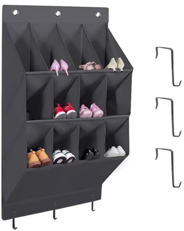 RANJIMA Schuhregal Tür Hängend für Schrank, Hängende Schuhaufbewahrung mit 12 große Taschen,Schmal über Tür Schuh Organizer mit 6-Haken Platzsparend Schuhorganizer für Stiefel im Wohnmobil, Schlafsaal