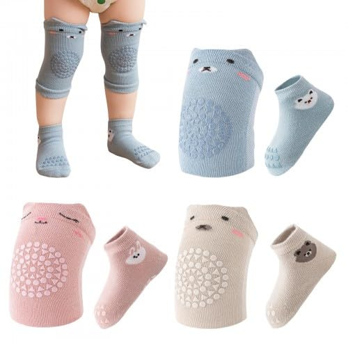 Husalsea Baby Knieschoner & Grip Socken Set für Krabbeln & Gehen, Cartoon Anti-Rutsch Socken für Kleinkinder, weiche & bequeme Bodensocken für Kleinkinder