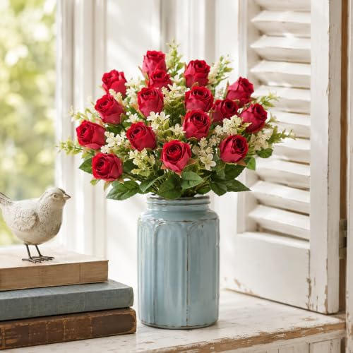 astylishome Artificial Flowers Rose Artificial Flowers Outdoor UV Resistant Plants Faux Plastic Greenery Shrubs Indoor Outside Hanging Planter for Home Wedding Office Table Decoration Gift Red 4304