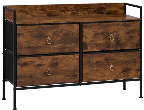 WOLTU Kommode mit 4 Stoffschubladen, Sideboard mit Metallrahmen | für Schlafzimmer Wohnzimmer Flur, Metallrahmen, Industrial Stil, Rustikales Braun + Schwarz
