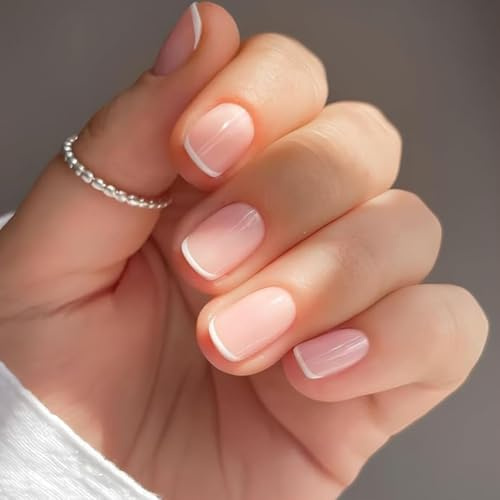 Virellay 24 Stück Rosa Press On Nails French Tips - Natürlich Nägel zum Aufkleben Kurz Eckig - Künstliche Nägel mit Nagelkleber - French Tip Fake Nails Voller Deckkraft für Fraue und Mädchen