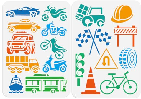 Doodlream 2pcs Transport Vehicles Painting Stencils on Wall, 29.7 x 21cm Bus Truck Motorcycle Car Reusable Stencil for Wood Burning, Transport Accessory Templates DIY Craft Art Stencils Home Decor