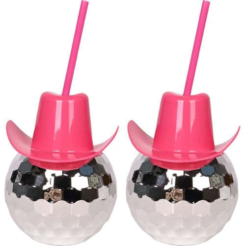Dianzan Ball Cups with Lids & Straws 2pcs Western Cowgirl Hat Cups Mirror Ball Cups Tumbler Party Supplies Wine Cocktail Glass Drinking