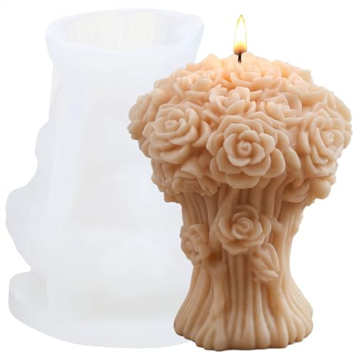 XIAOSHUI Moule à bougie pilier en forme de fleur de rose - Bouquet de fleurs - Moule en silicone pour la fabrication de bougies DIY - Cire - Plâtre - Argile polymère - Artisanat - Décoration de la