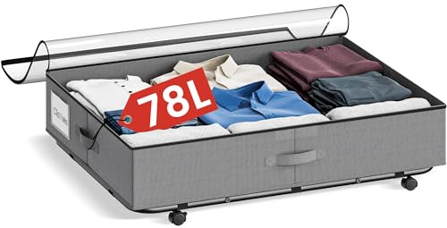 XXXL 78L Under Bed Storage with Silent Wheels, Rolling Storage Containers with Clear Lid & Label, Heavy-Duty Metal Frame, Easy Pull-out, Underbed Storage Bins for Clothes, Shoes, Blankets, and Toys