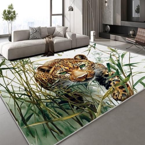 Generisch Kurzflor Teppich 3D Leopard Bambus Teppich Matten rutschfeste FußMatte Malerei Kunst Muster Kinder Spielteppiche FüR Schlafzimmer Flur Wohnzimmer Boden 80x120 cm