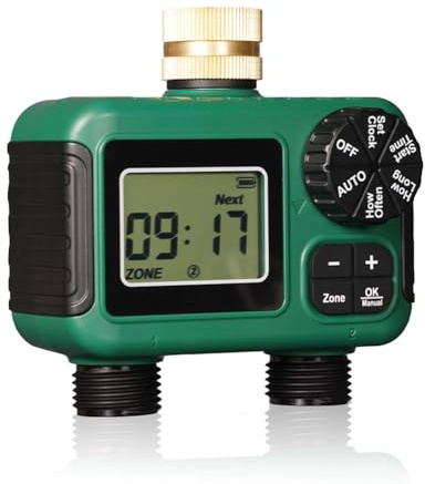 2 Prises Programmateur D'Arrosage Minuterie D'Arrosage IP55 Contrôleur D'Irrigation Étanche avec Affichage LCD pour 2 Zones D'Arrosage Séparées Système D'Arrosage Manuel et Automatique