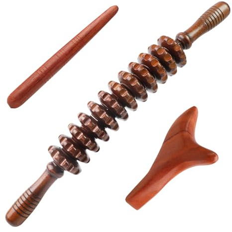 Wood Massage Roller Stick,3 Pcs Wood Therapy Massage Tools | 12 Roller lymphatic drainage massager,Cellulite Massager for Relaxes Leg Back Arms Neck Muscle