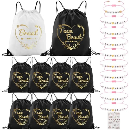 10 Team Bride Turnbeutel mit Kordelzug (42×33cm) und 10 JGA Armbänder Frauen 1 Aufkleber Junggesellenabschied Frauen Braut Tasche JGA Rucksack Team Braut Set für Hochzeit Braut Party