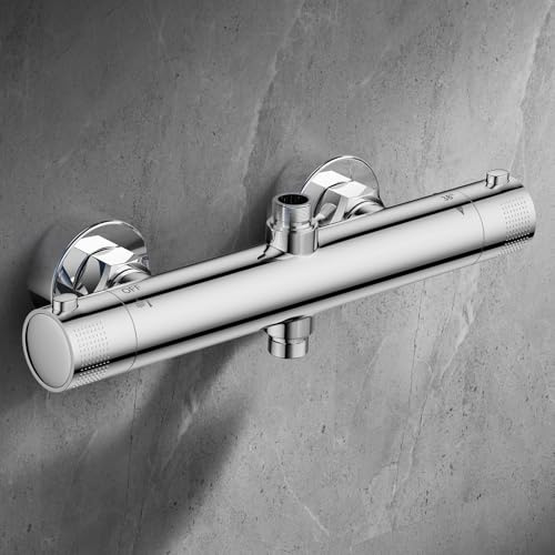 Ronvie Thermostatic Shower Mixer Bar Wall Mounted 2 Outlet G1/2 Chrome | Anti-Scald 38°C Safety Lock, Anti-Limescale, Easy Installation