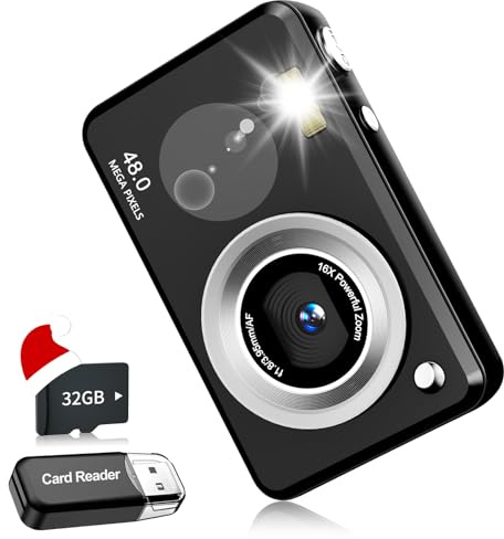 Appareil Photo Numérique FHD 1080p, Carte De 32 Go, Zoom 16x, Appareil Photo Compact avec Batterie De 1300 mAh, Écran De 2,4 Pouces,Appareils Photos Enfants Cadeau De Noël pour Enfants.