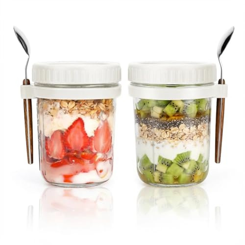 Siocok 2 Pack Overnight Oats Containers with Lids and Spoons 350ml Glass Mason Jars Measurement Marks Food Storage Containers, Breakfast Jars Yogurt Pot for Homemade Oatmeal Salad Jam Pudding Chutn