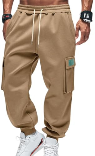 OLIPHEE Pantalon Jogging Homme Pantalon Cargo Survetement Homme Polaire Hiver Bas de Jogging Cargo Sweatpants Taille Elastique avec Cordon de Serrage et Poches Casual Sportswear Kaki L