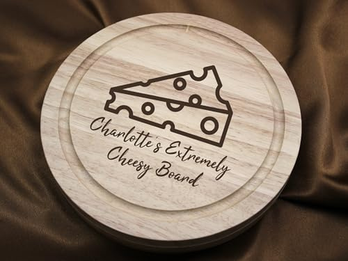 Tailored Touch Bespoke Gifts Cheese Block Personalised Engraved Wooden Round Cheese Board with 4 Cheese Knives 21 cm